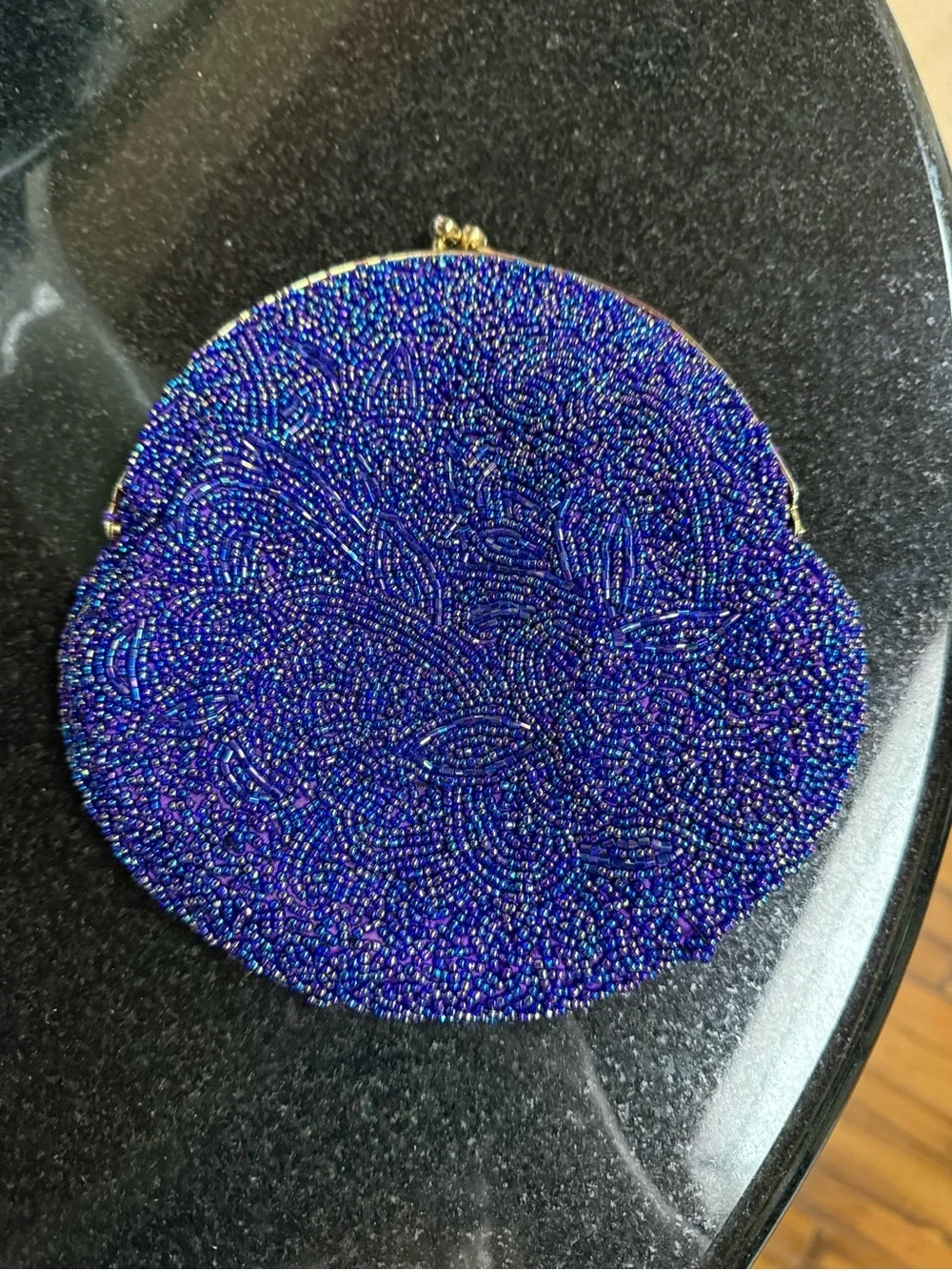 Vintage 80s Beaded Round Evening Clutch - Iridescent Blueish Purple approx 7”